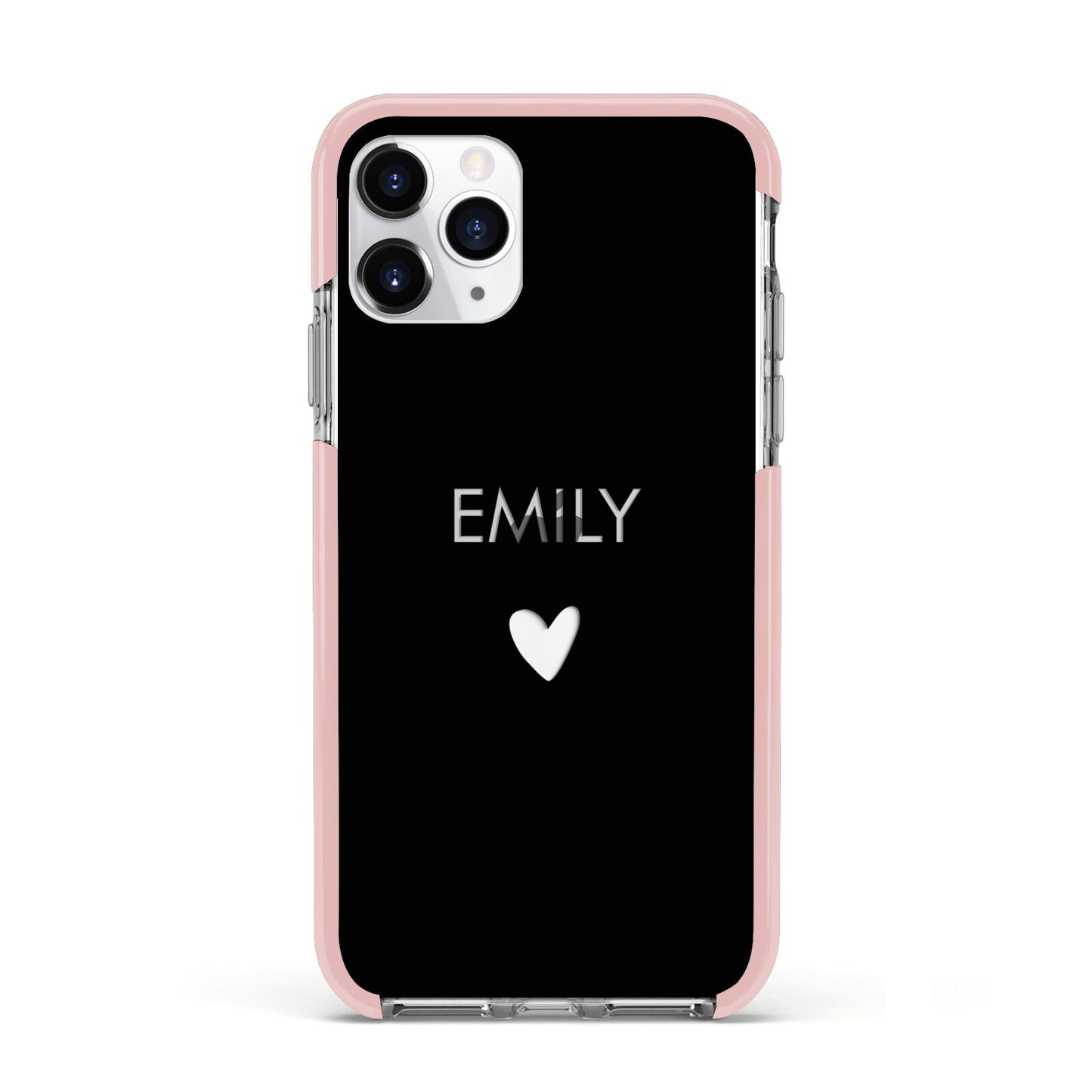 Personalised Cutout Name Heart Clear Black Apple iPhone 11 Pro in Silver with Pink Impact Case