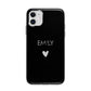 Personalised Cutout Name Heart Clear Black Apple iPhone 11 in White with Bumper Case