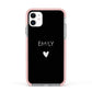 Personalised Cutout Name Heart Clear Black Apple iPhone 11 in White with Pink Impact Case