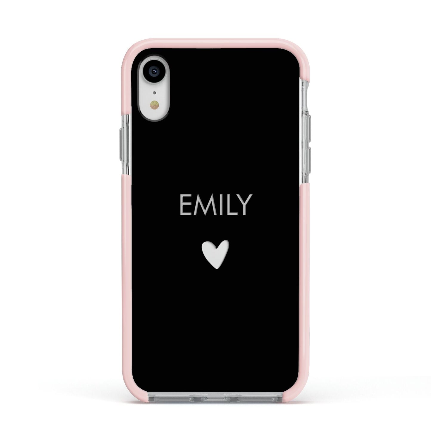Personalised Cutout Name Heart Clear Black Apple iPhone XR Impact Case Pink Edge on Silver Phone