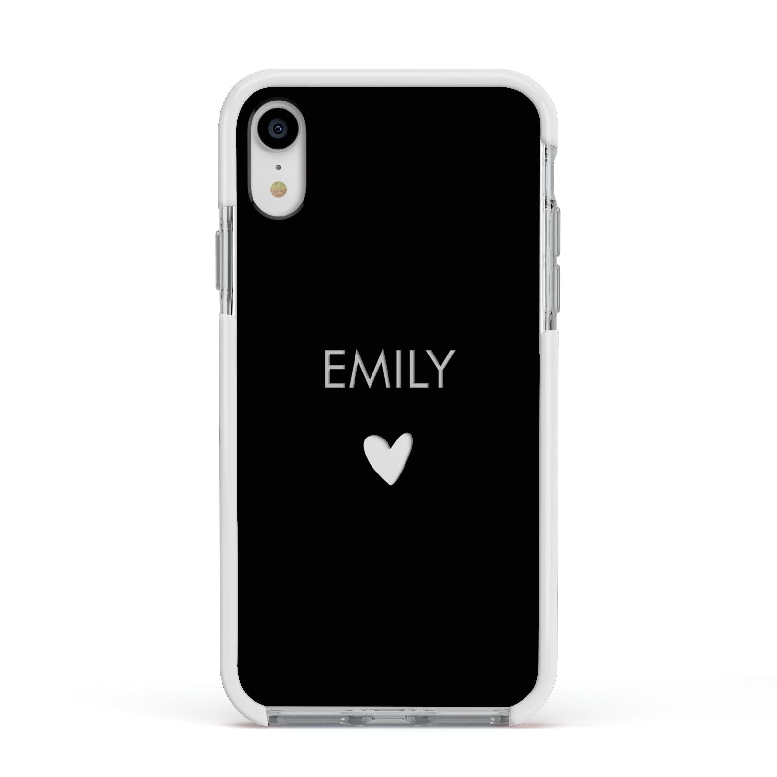 Personalised Cutout Name Heart Clear Black Apple iPhone XR Impact Case White Edge on Silver Phone