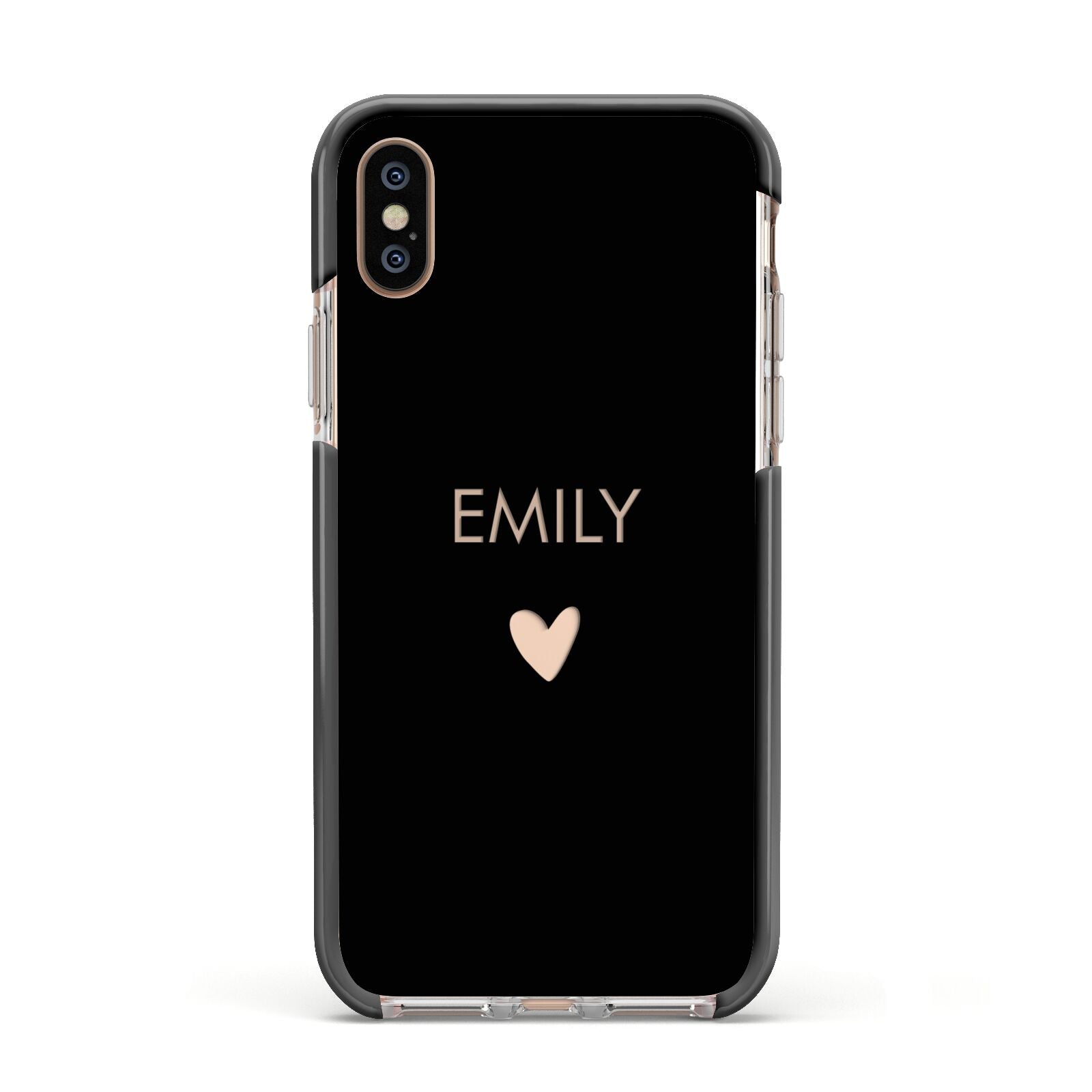Personalised Cutout Name Heart Clear Black Apple iPhone Xs Impact Case Black Edge on Gold Phone