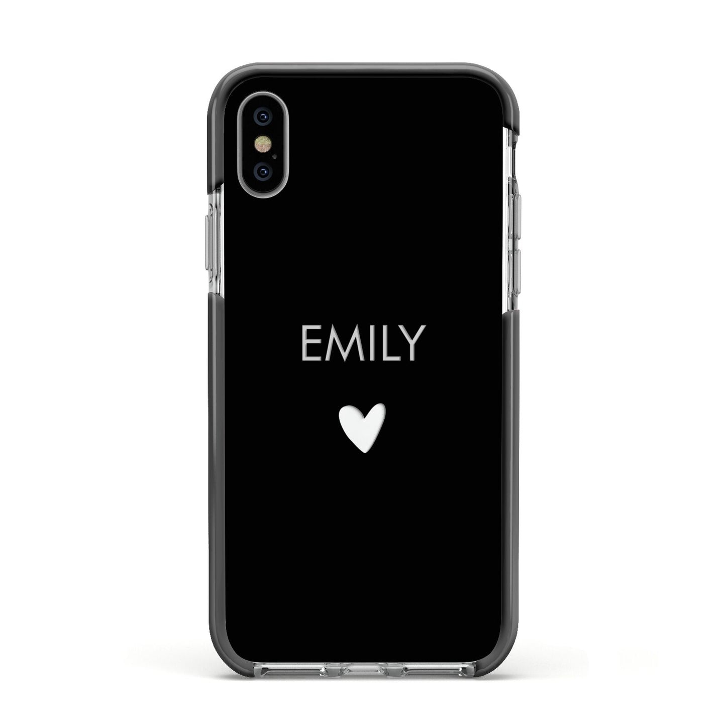 Personalised Cutout Name Heart Clear Black Apple iPhone Xs Impact Case Black Edge on Silver Phone
