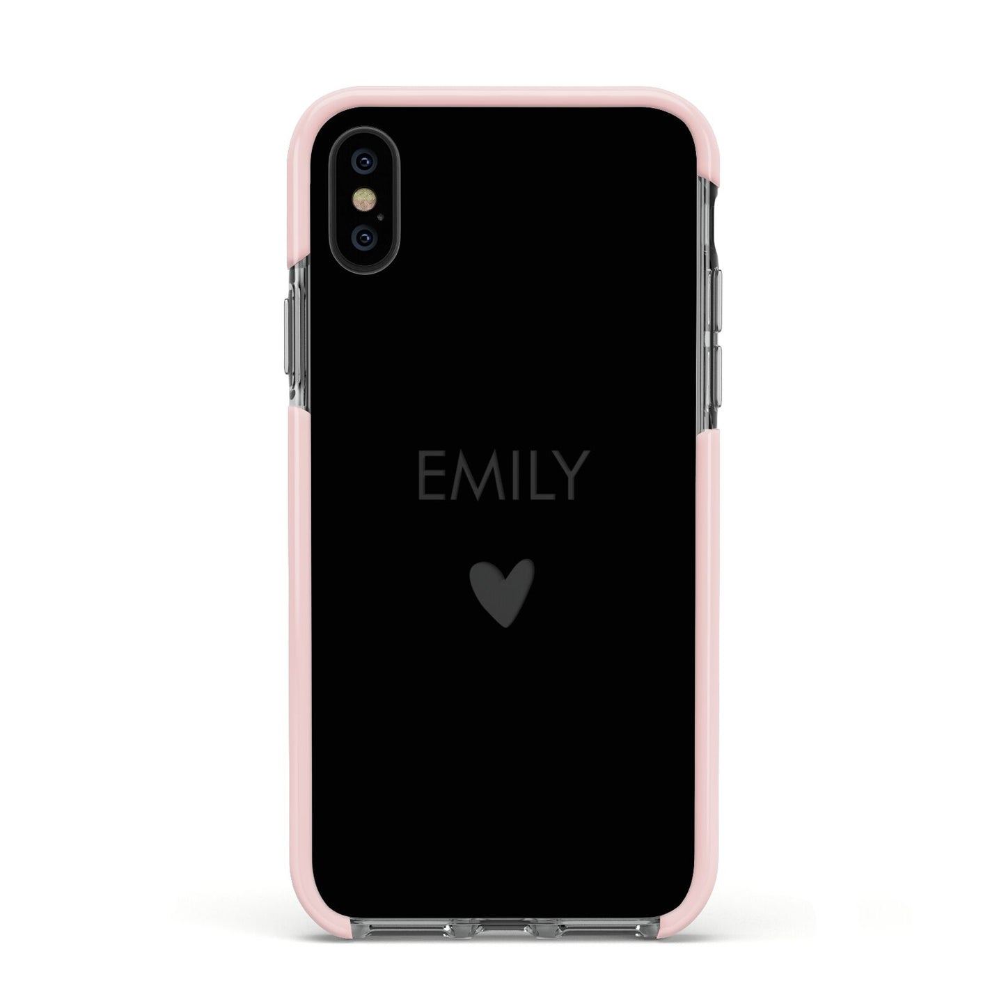 Personalised Cutout Name Heart Clear Black Apple iPhone Xs Impact Case Pink Edge on Black Phone