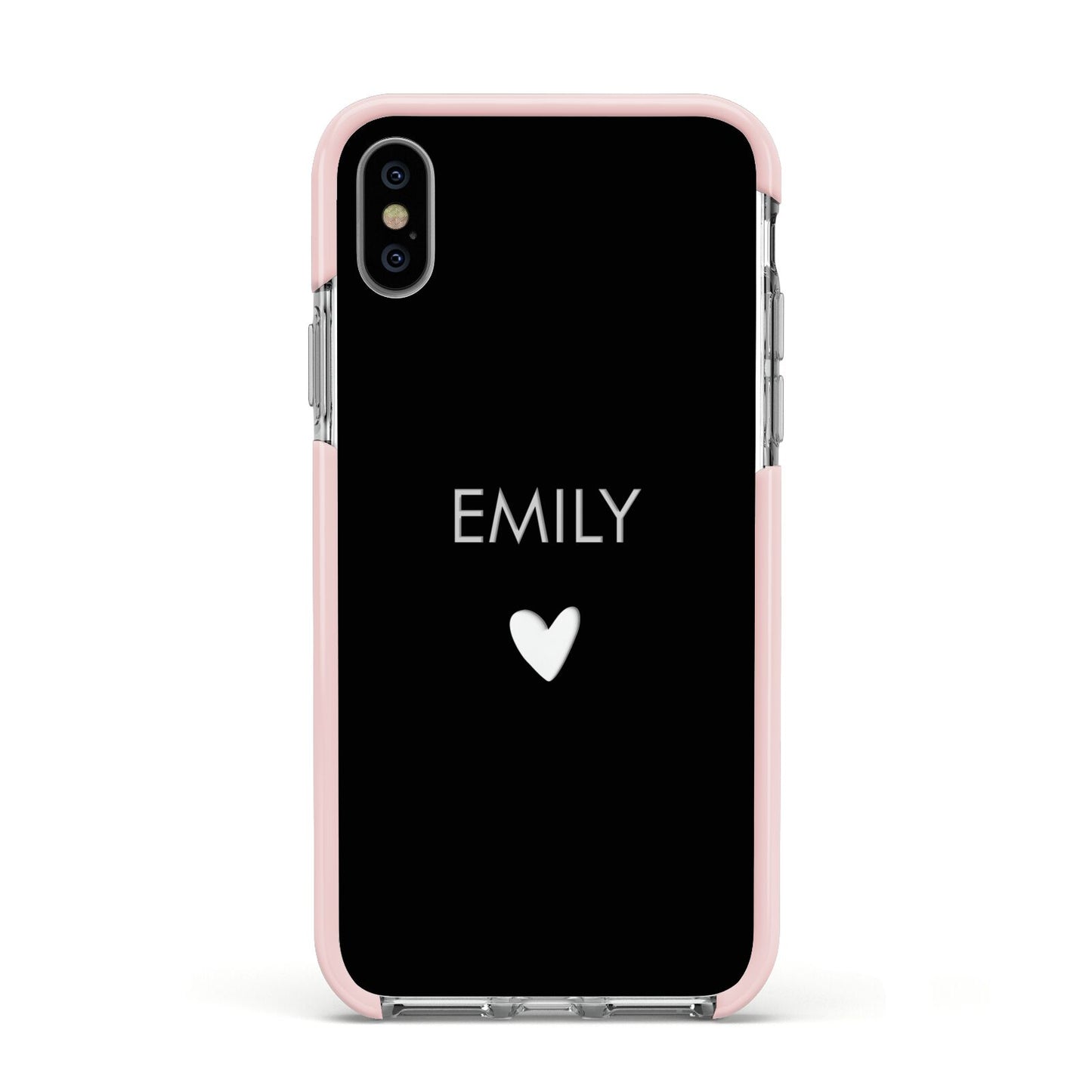 Personalised Cutout Name Heart Clear Black Apple iPhone Xs Impact Case Pink Edge on Silver Phone