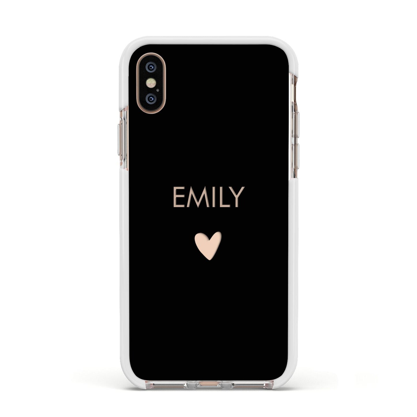 Personalised Cutout Name Heart Clear Black Apple iPhone Xs Impact Case White Edge on Gold Phone