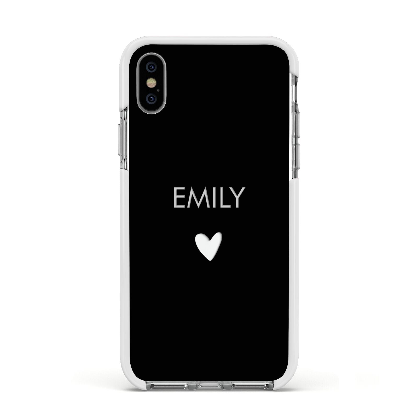 Personalised Cutout Name Heart Clear Black Apple iPhone Xs Impact Case White Edge on Silver Phone