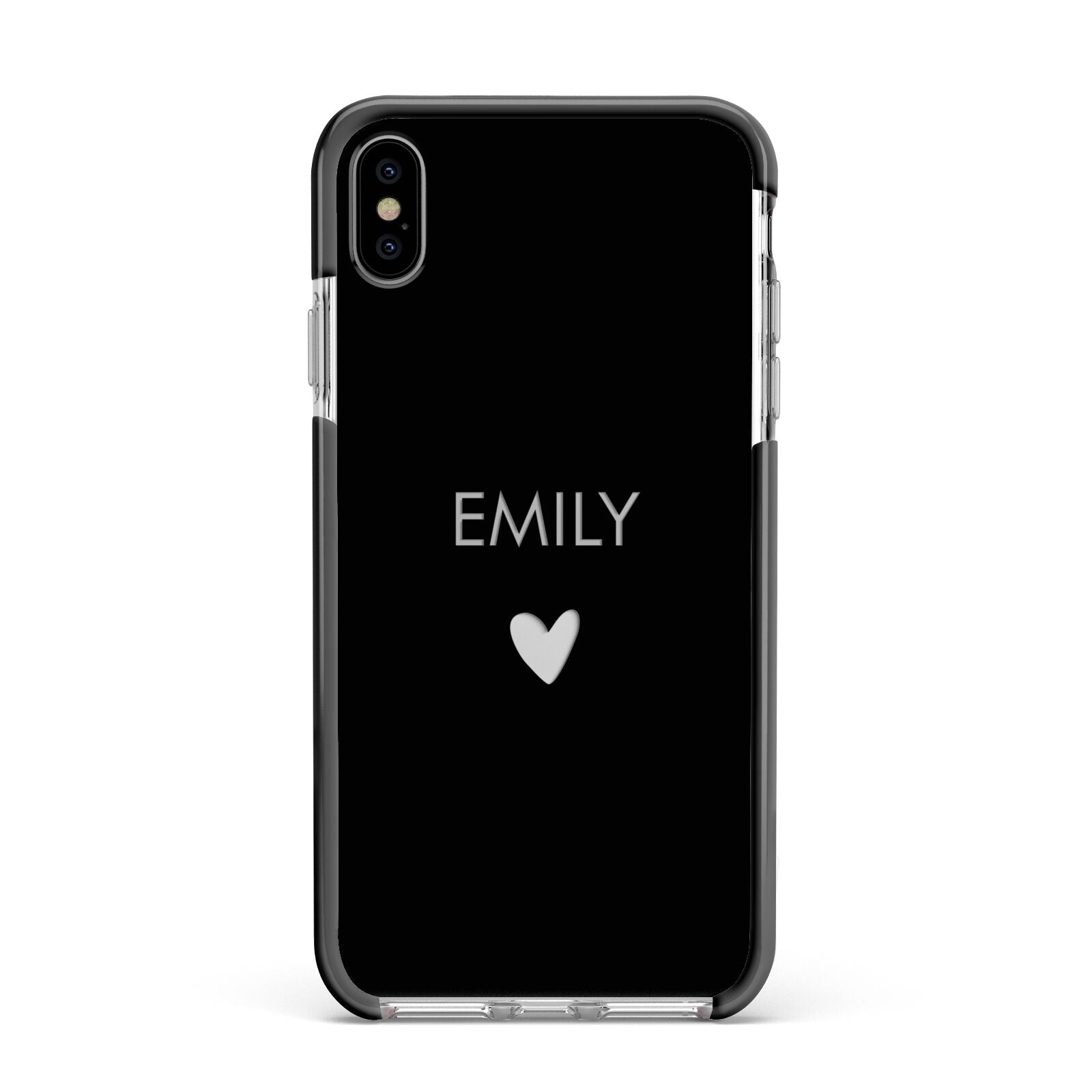 Personalised Cutout Name Heart Clear Black Apple iPhone Xs Max Impact Case Black Edge on Silver Phone