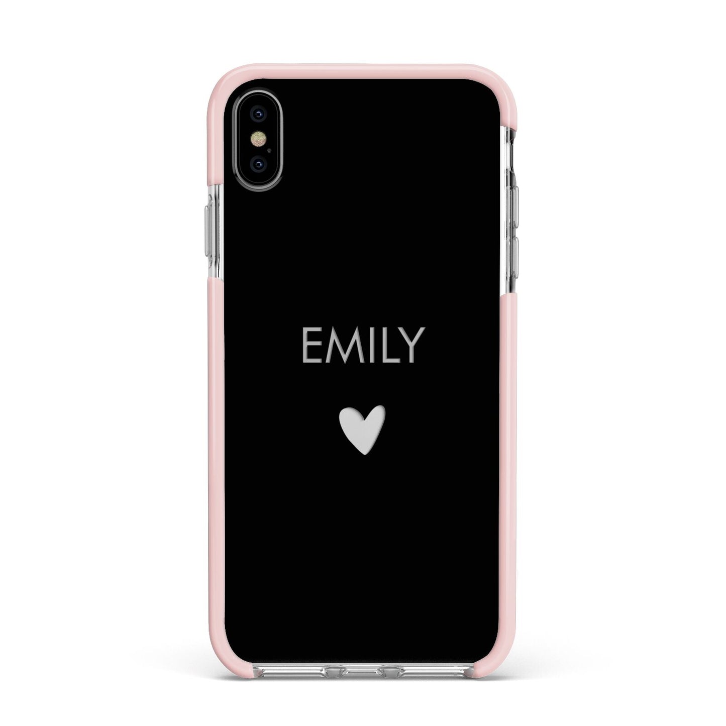 Personalised Cutout Name Heart Clear Black Apple iPhone Xs Max Impact Case Pink Edge on Silver Phone