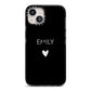 Personalised Cutout Name Heart Clear Black iPhone 13 Black Impact Case on Silver phone
