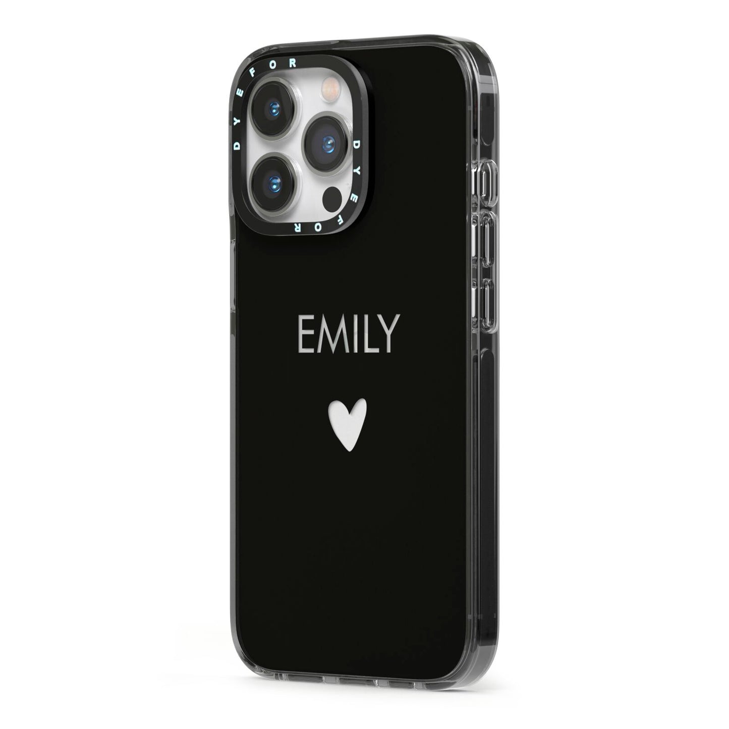 Personalised Cutout Name Heart Clear Black iPhone 13 Pro Black Impact Case Side Angle on Silver phone