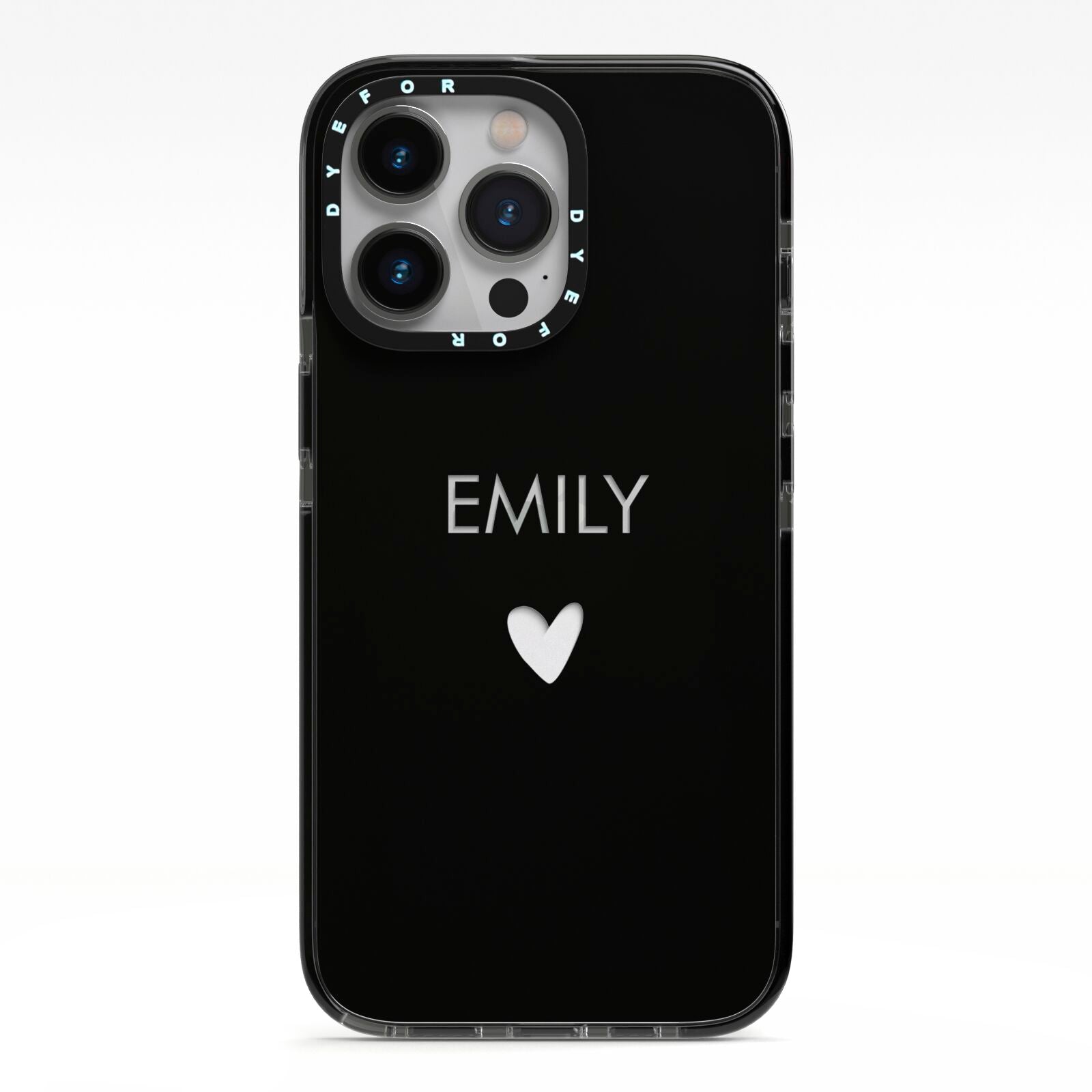 Personalised Cutout Name Heart Clear Black iPhone 13 Pro Black Impact Case on Silver phone