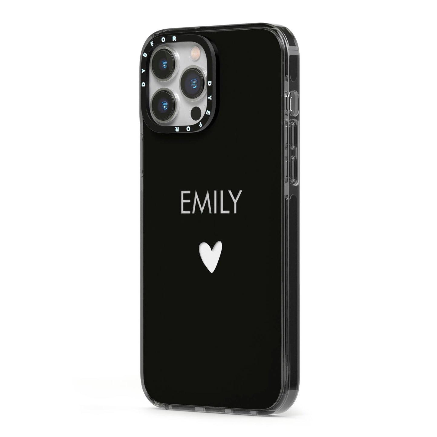 Personalised Cutout Name Heart Clear Black iPhone 13 Pro Max Black Impact Case Side Angle on Silver phone