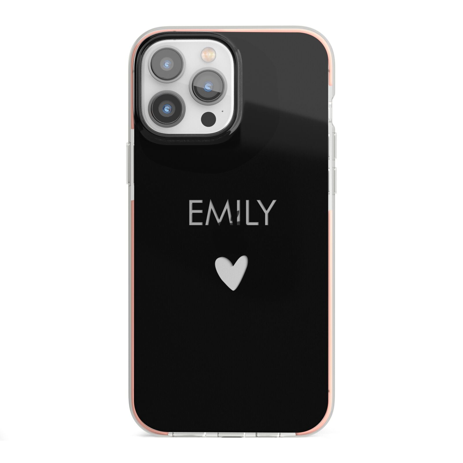 Personalised Cutout Name Heart Clear Black iPhone 13 Pro Max TPU Impact Case with Pink Edges