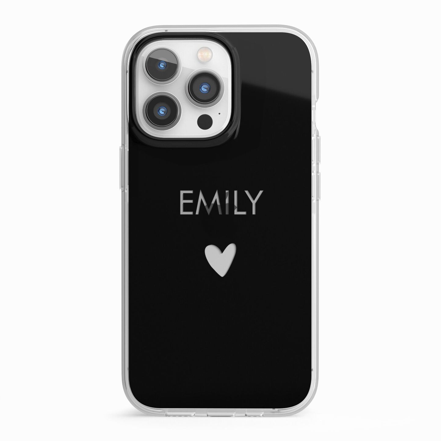 Personalised Cutout Name Heart Clear Black iPhone 13 Pro TPU Impact Case with White Edges