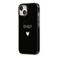Personalised Cutout Name Heart Clear Black iPhone 14 Black Impact Case Side Angle on Silver phone