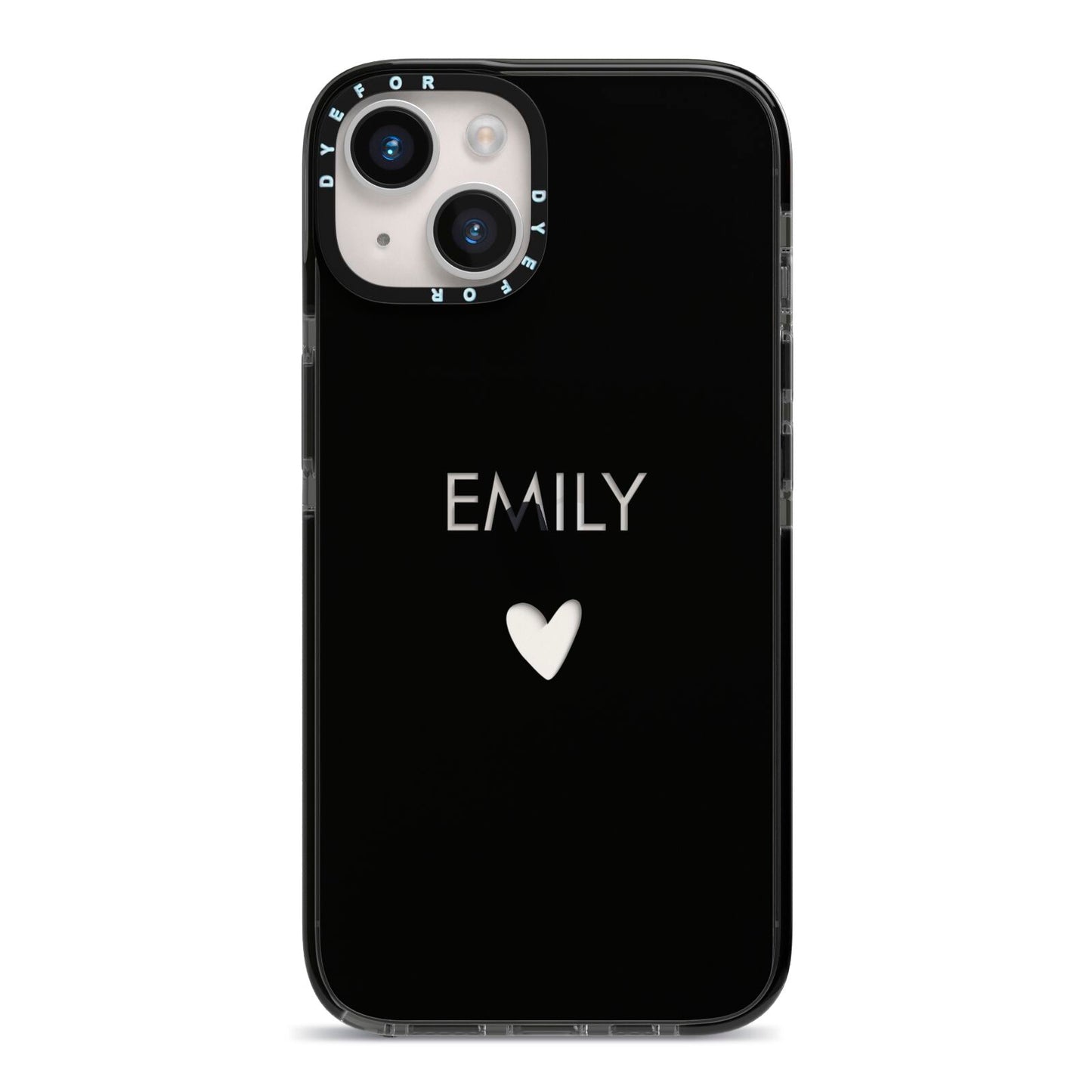Personalised Cutout Name Heart Clear Black iPhone 14 Black Impact Case on Silver phone
