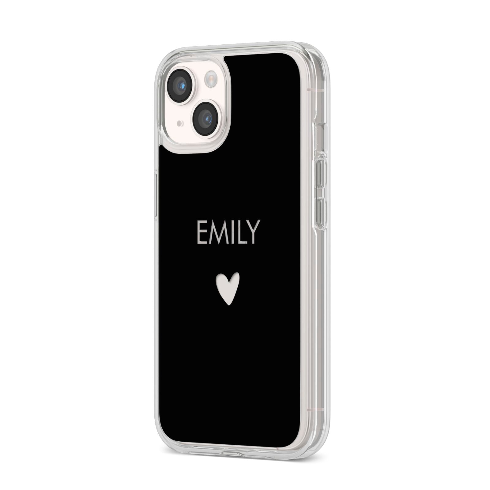 Personalised Cutout Name Heart Clear Black iPhone 14 Clear Tough Case Starlight Angled Image