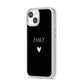 Personalised Cutout Name Heart Clear Black iPhone 14 Glitter Tough Case Starlight Angled Image
