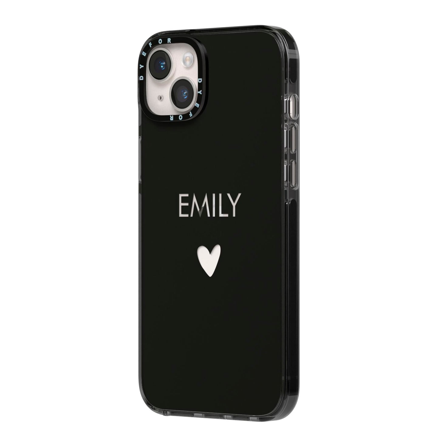 Personalised Cutout Name Heart Clear Black iPhone 14 Plus Black Impact Case Side Angle on Silver phone