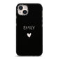 Personalised Cutout Name Heart Clear Black iPhone 14 Plus Black Impact Case on Silver phone