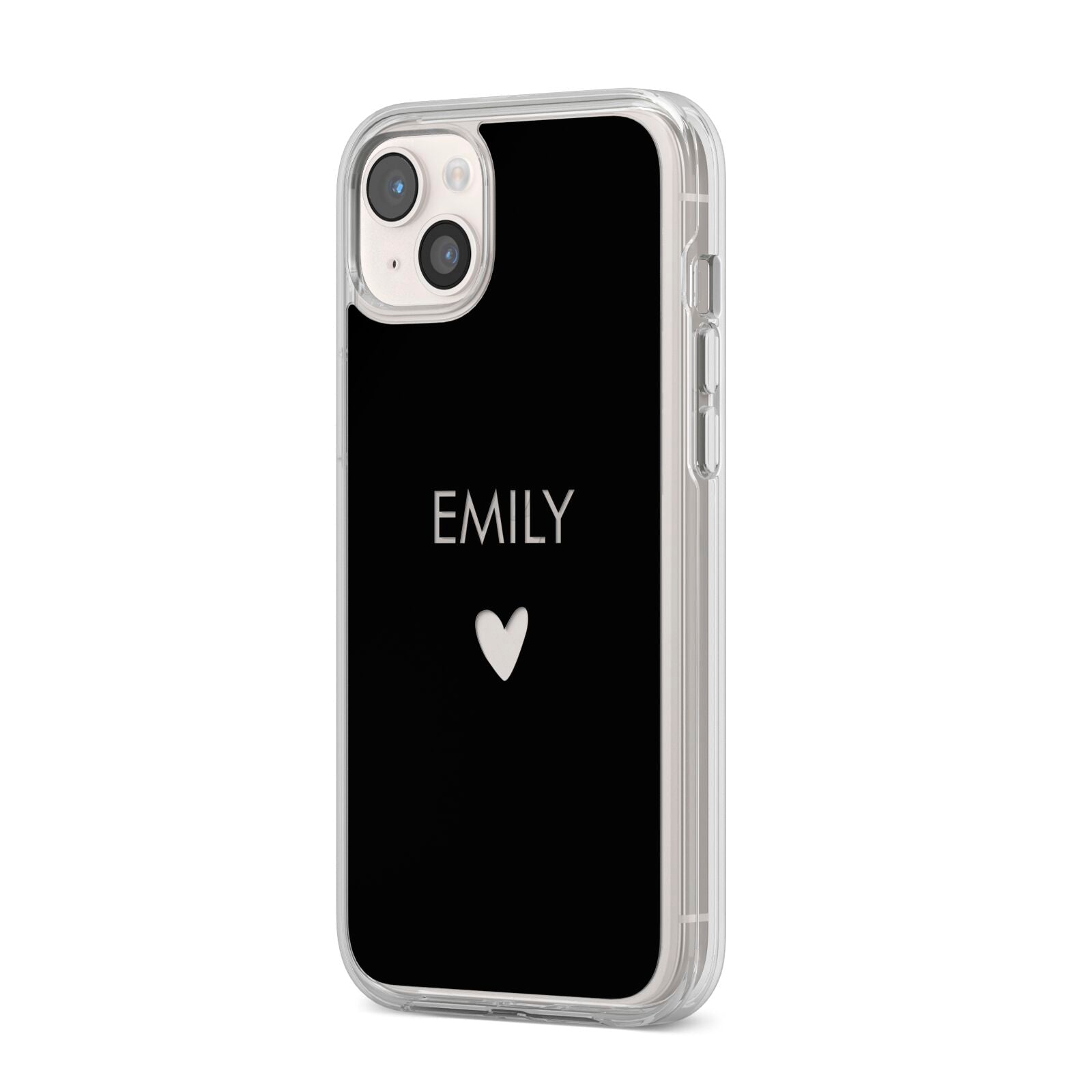 Personalised Cutout Name Heart Clear Black iPhone 14 Plus Clear Tough Case Starlight Angled Image