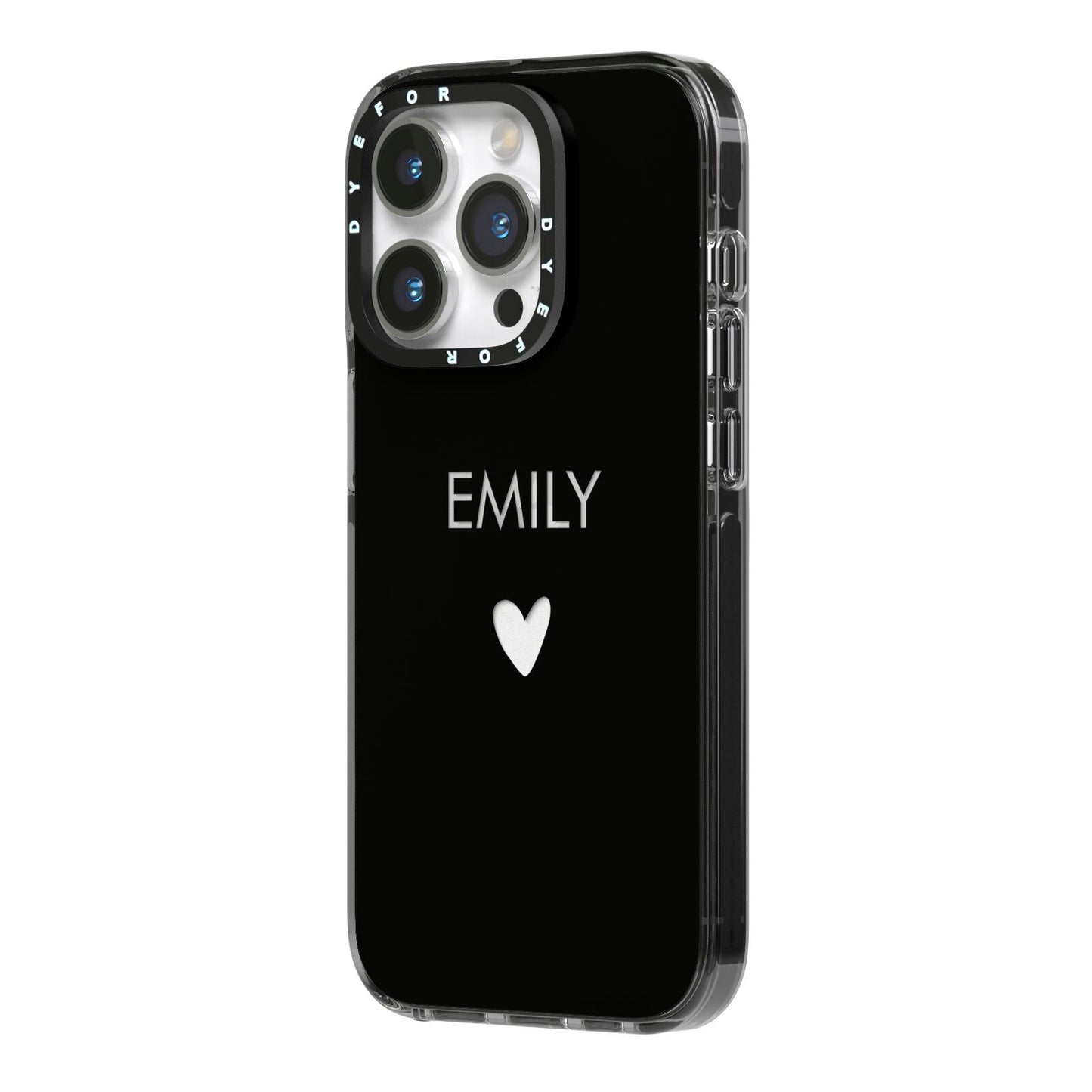 Personalised Cutout Name Heart Clear Black iPhone 14 Pro Black Impact Case Side Angle on Silver phone