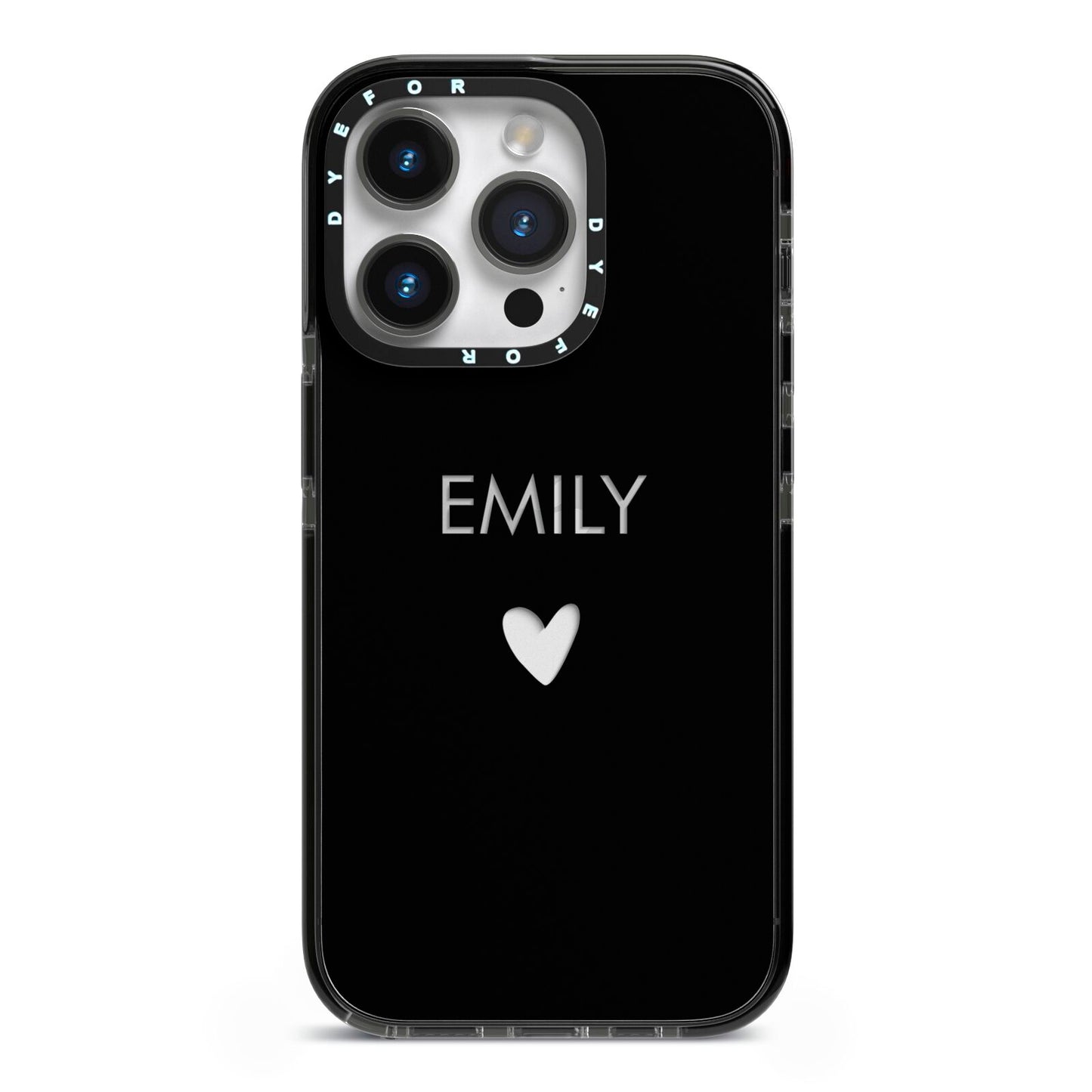 Personalised Cutout Name Heart Clear Black iPhone 14 Pro Black Impact Case on Silver phone