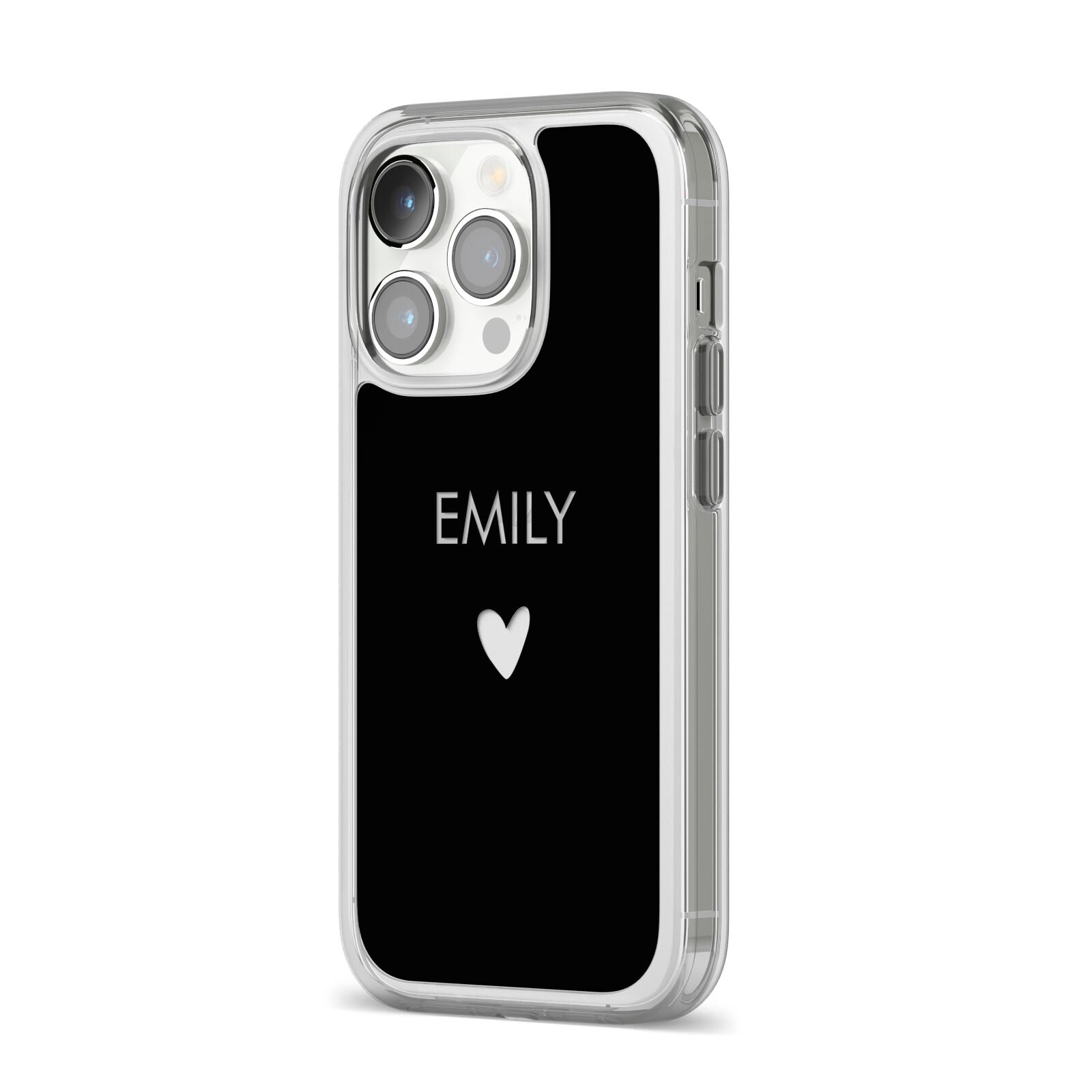 Personalised Cutout Name Heart Clear Black iPhone 14 Pro Clear Tough Case Silver Angled Image