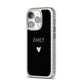 Personalised Cutout Name Heart Clear Black iPhone 14 Pro Glitter Tough Case Silver Angled Image
