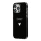 Personalised Cutout Name Heart Clear Black iPhone 14 Pro Max Black Impact Case Side Angle on Silver phone