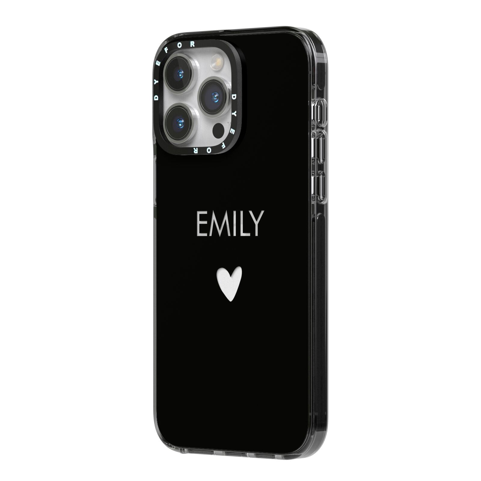 Personalised Cutout Name Heart Clear Black iPhone 14 Pro Max Black Impact Case Side Angle on Silver phone