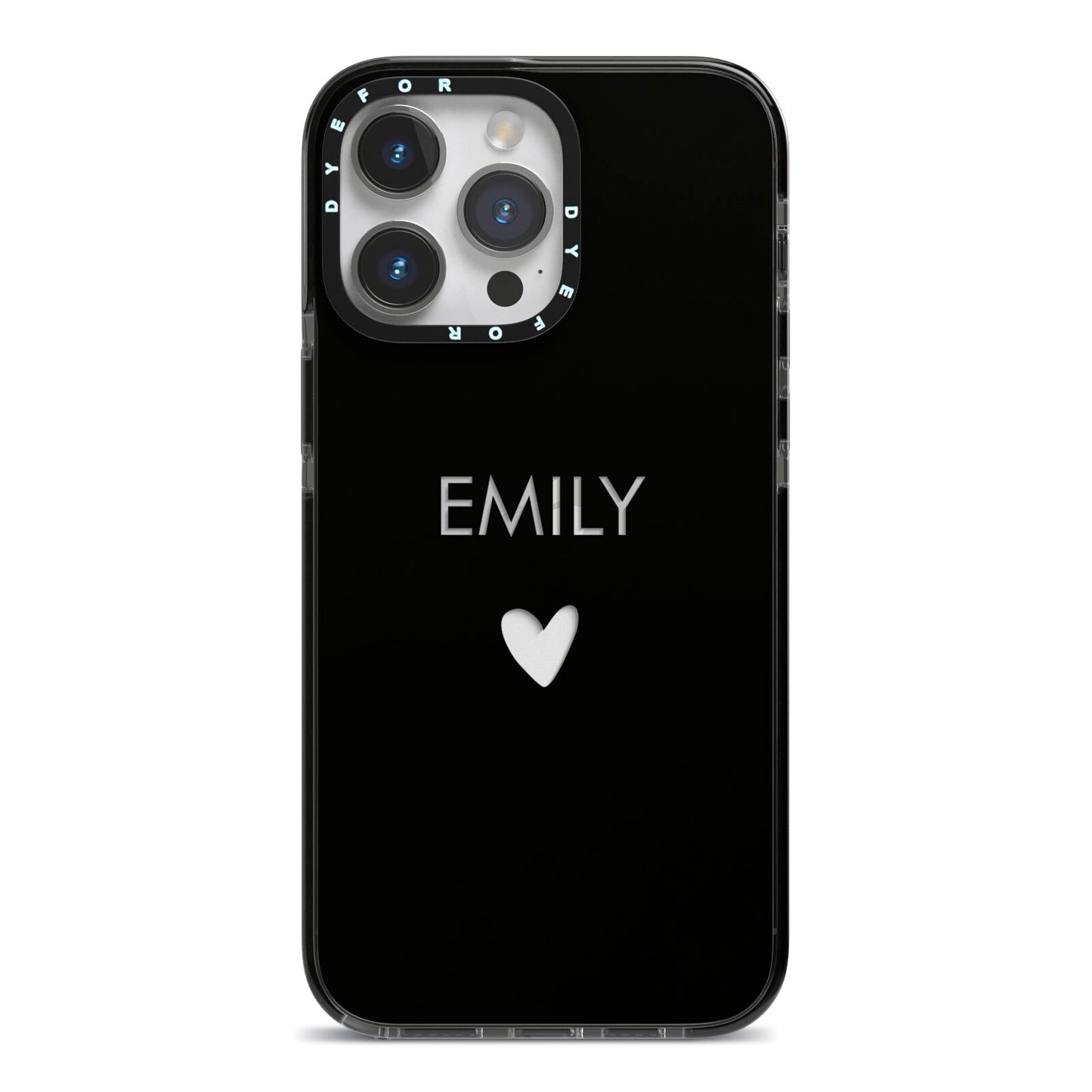 Personalised Cutout Name Heart Clear Black iPhone 14 Pro Max Black Impact Case on Silver phone