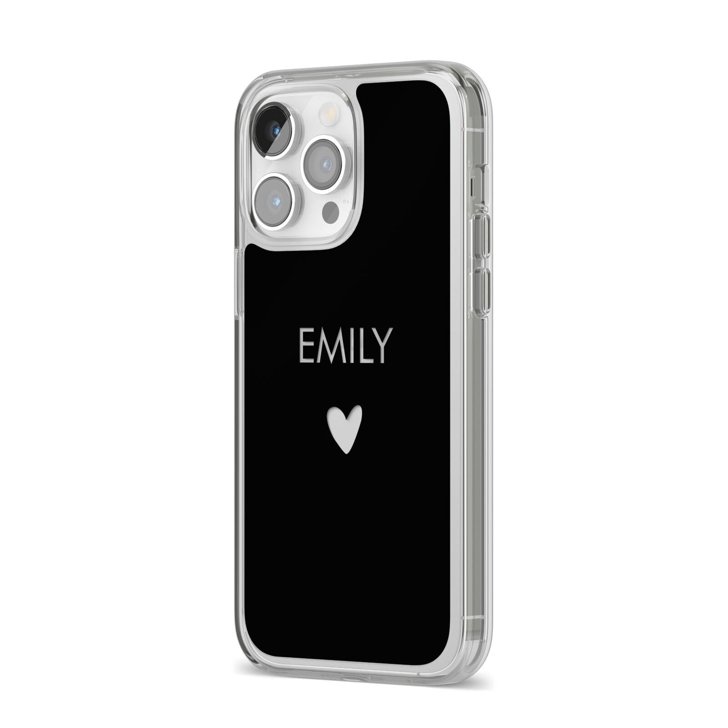 Personalised Cutout Name Heart Clear Black iPhone 14 Pro Max Clear Tough Case Silver Angled Image