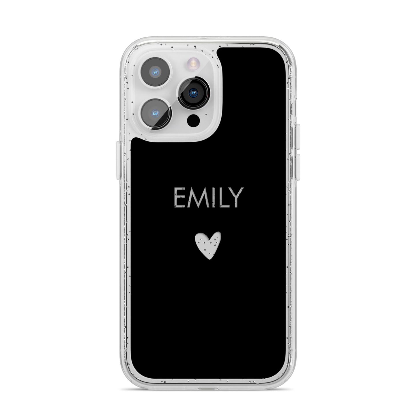 Personalised Cutout Name Heart Clear Black iPhone 14 Pro Max Glitter Tough Case Silver