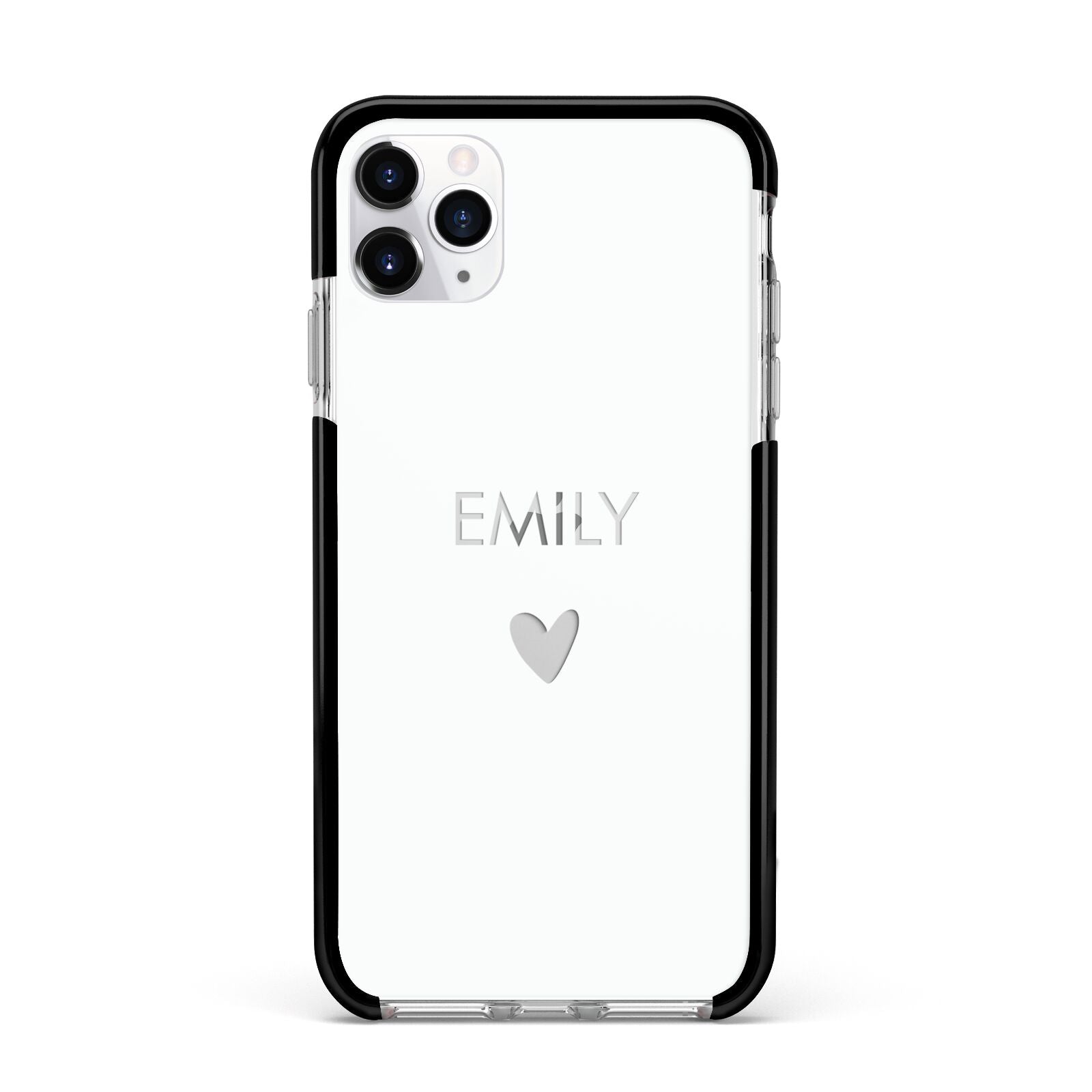 Personalised Cutout Name Heart Clear White Apple iPhone 11 Pro Max in Silver with Black Impact Case
