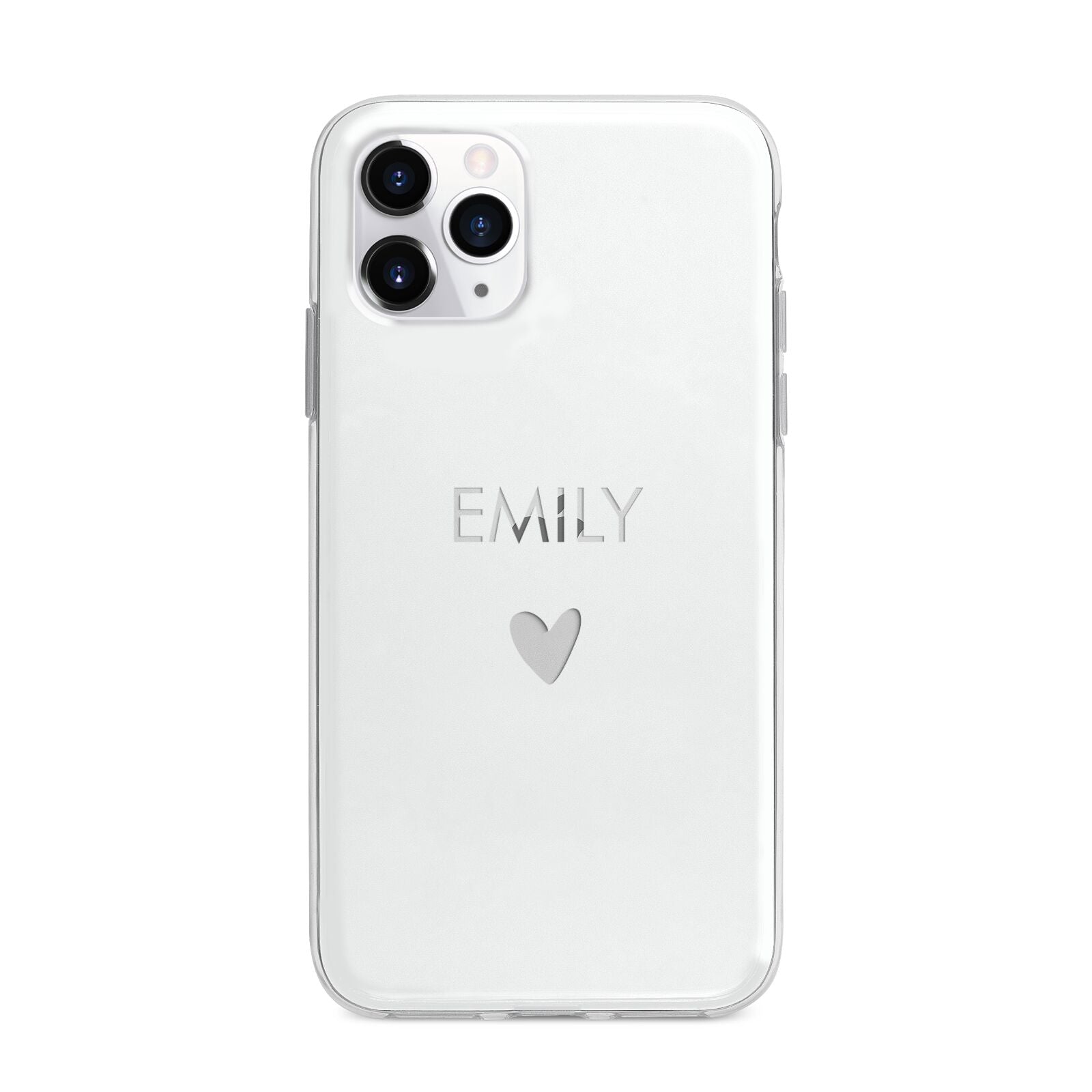Personalised Cutout Name Heart Clear White Apple iPhone 11 Pro Max in Silver with Bumper Case