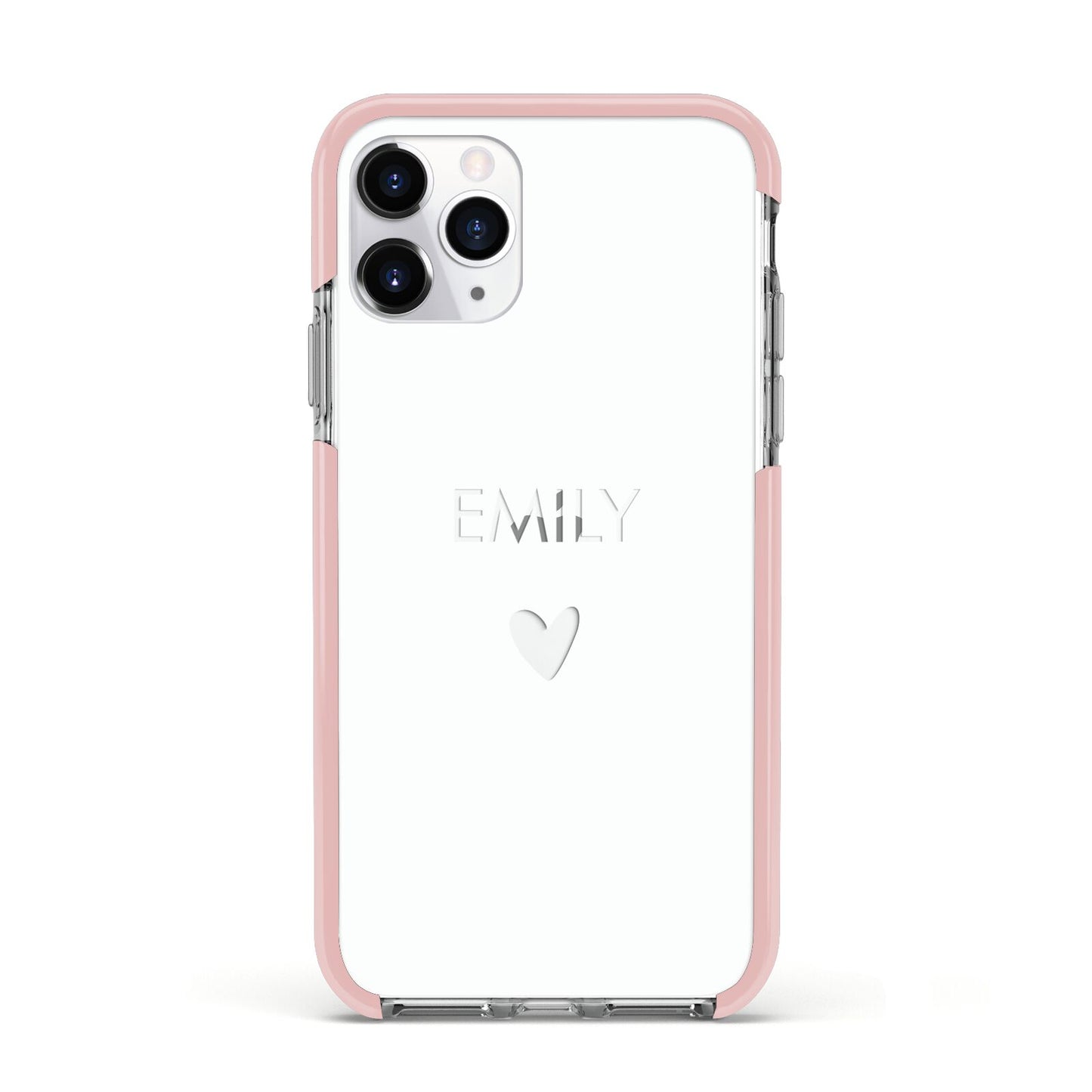 Personalised Cutout Name Heart Clear White Apple iPhone 11 Pro in Silver with Pink Impact Case