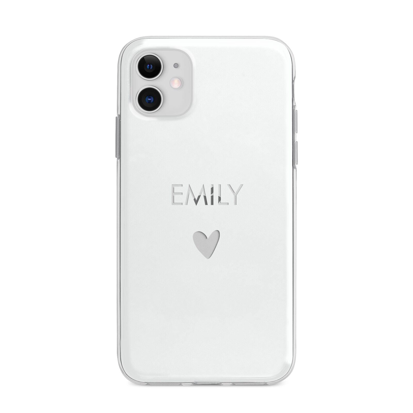 Personalised Cutout Name Heart Clear White Apple iPhone 11 in White with Bumper Case