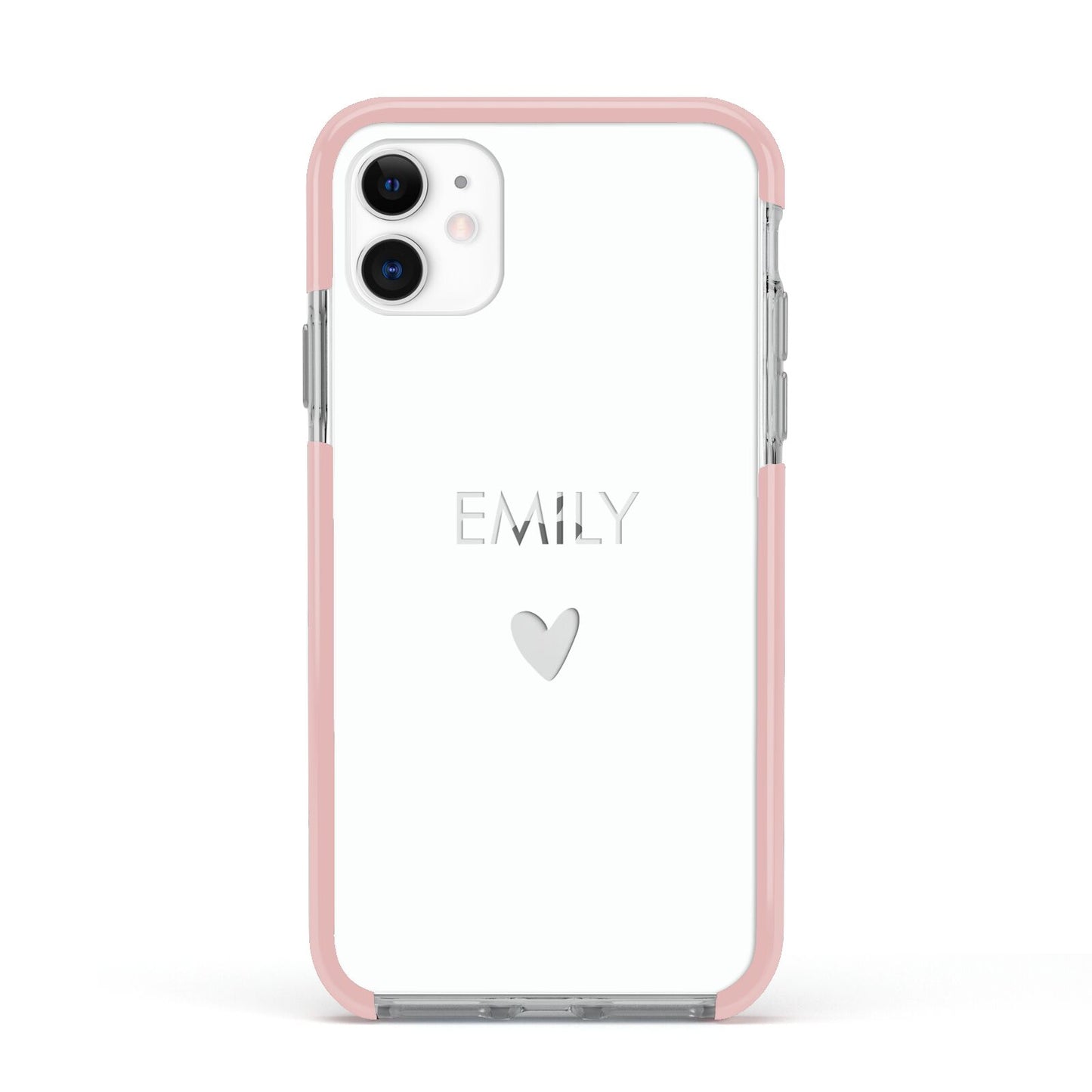 Personalised Cutout Name Heart Clear White Apple iPhone 11 in White with Pink Impact Case