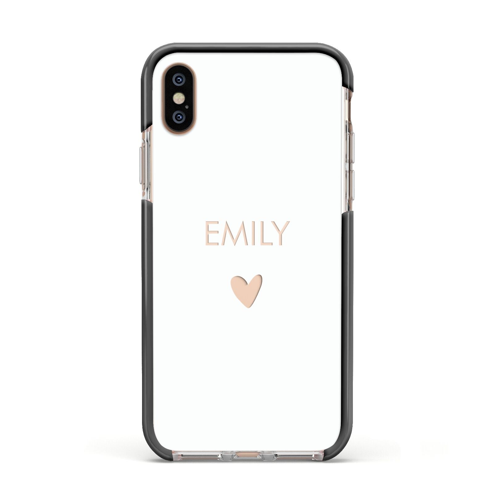 Personalised Cutout Name Heart Clear White Apple iPhone Xs Impact Case Black Edge on Gold Phone
