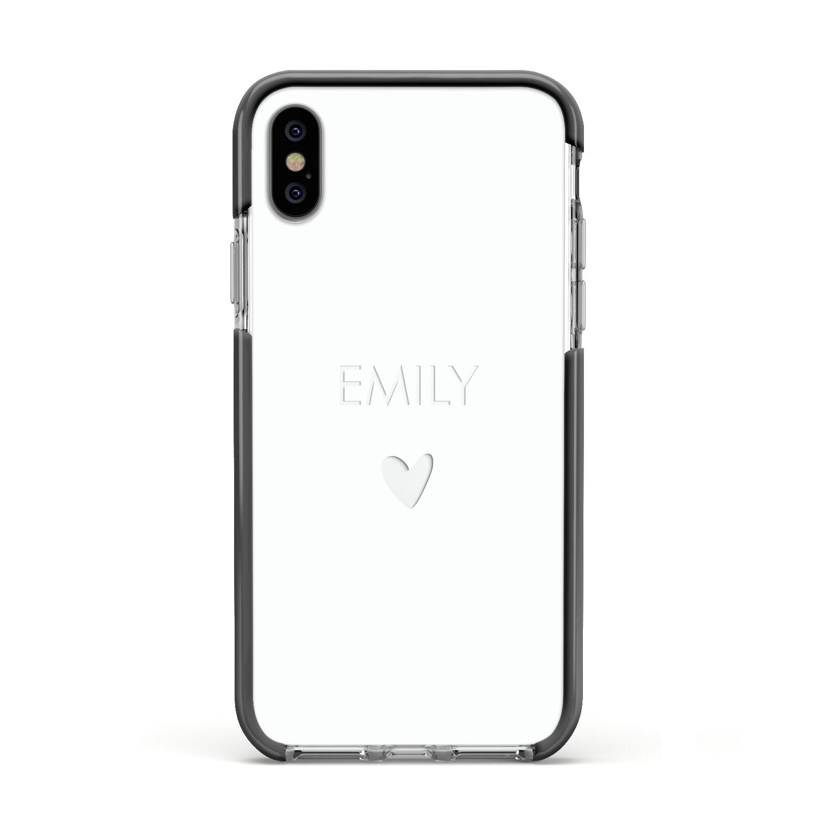 Personalised Cutout Name Heart Clear White Apple iPhone Xs Impact Case Black Edge on Silver Phone