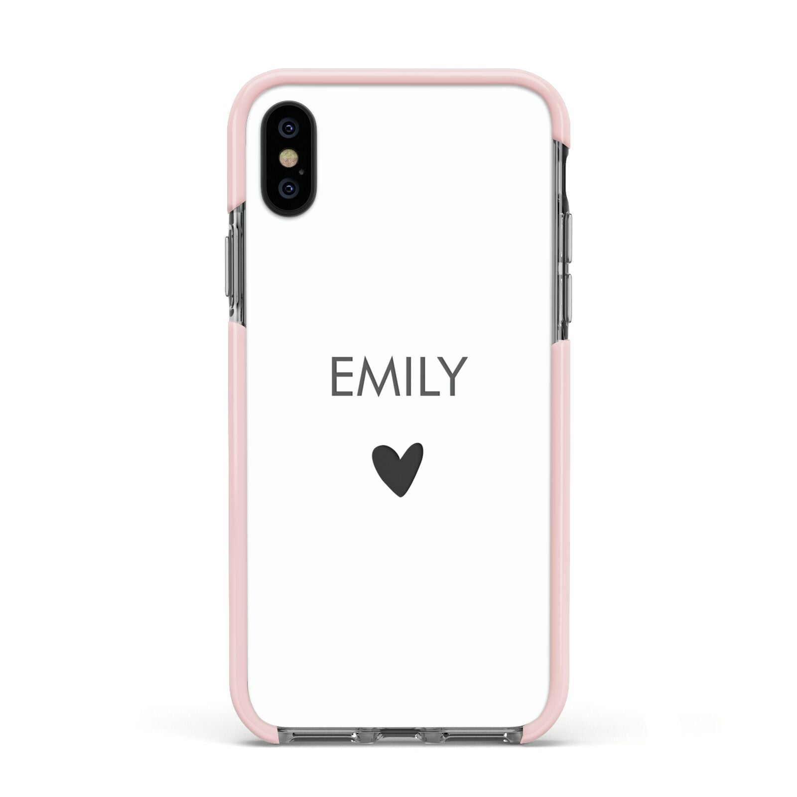 Personalised Cutout Name Heart Clear White Apple iPhone Xs Impact Case Pink Edge on Black Phone
