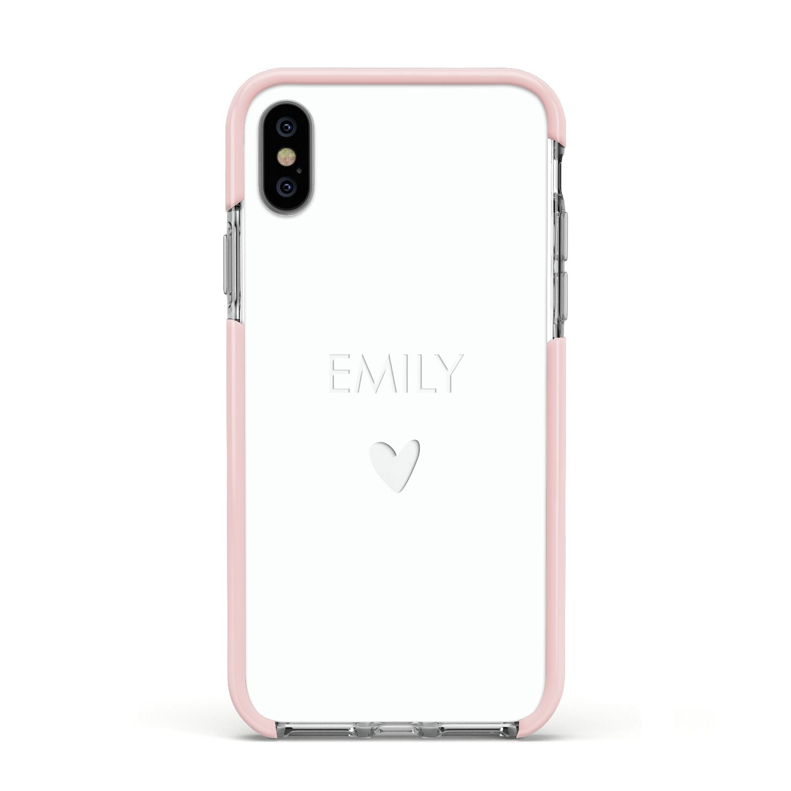 Personalised Cutout Name Heart Clear White Apple iPhone Xs Impact Case Pink Edge on Silver Phone