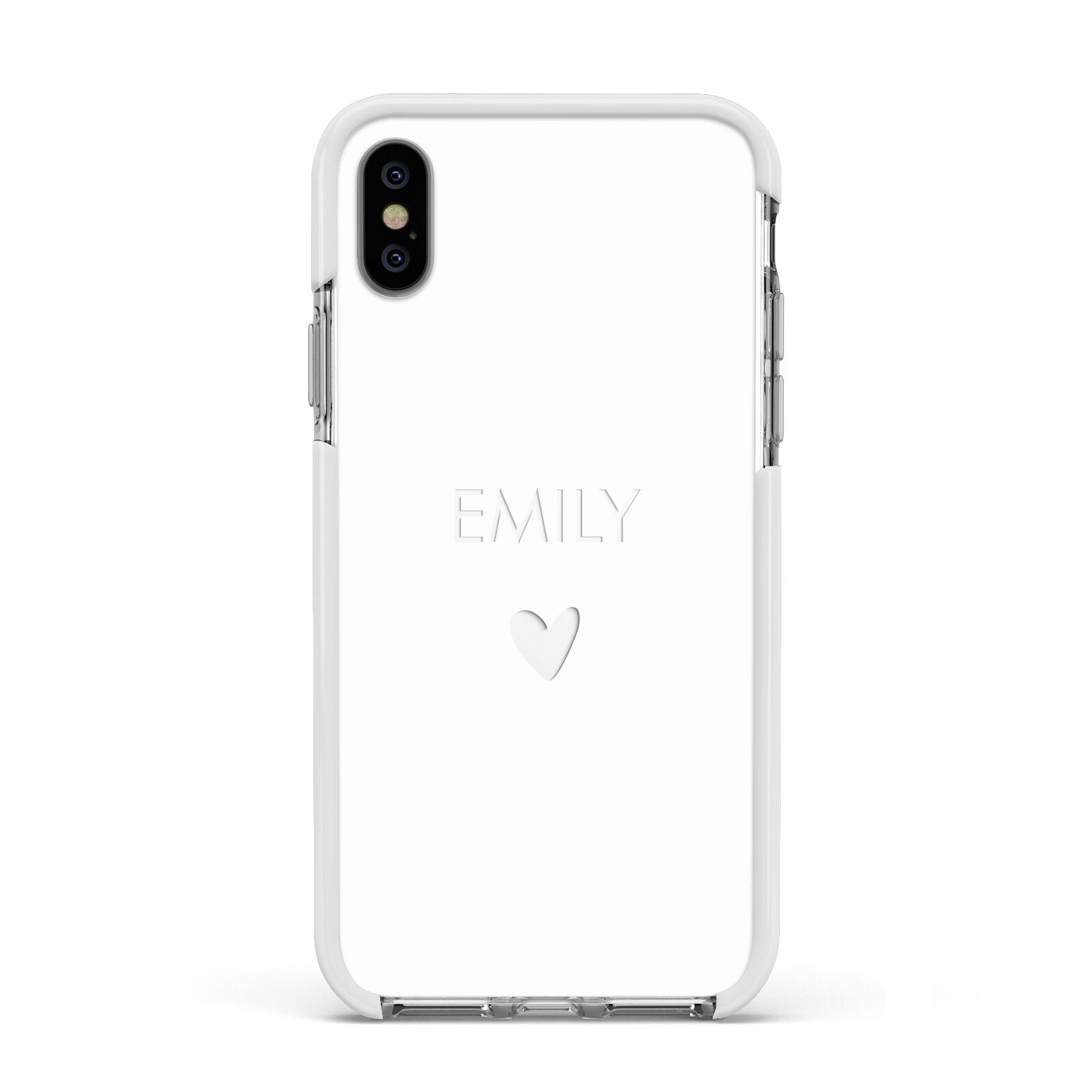 Personalised Cutout Name Heart Clear White Apple iPhone Xs Impact Case White Edge on Silver Phone