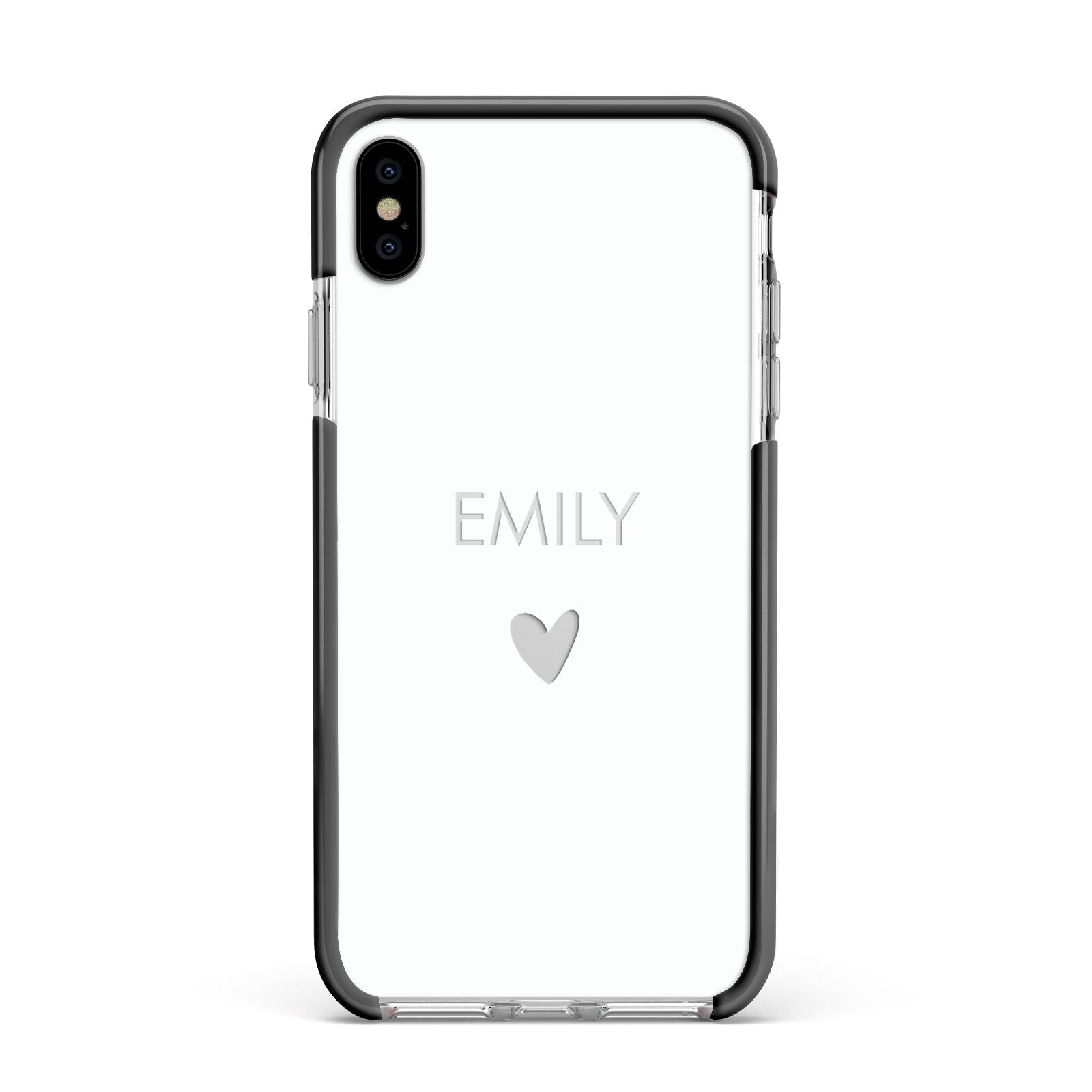 Personalised Cutout Name Heart Clear White Apple iPhone Xs Max Impact Case Black Edge on Silver Phone