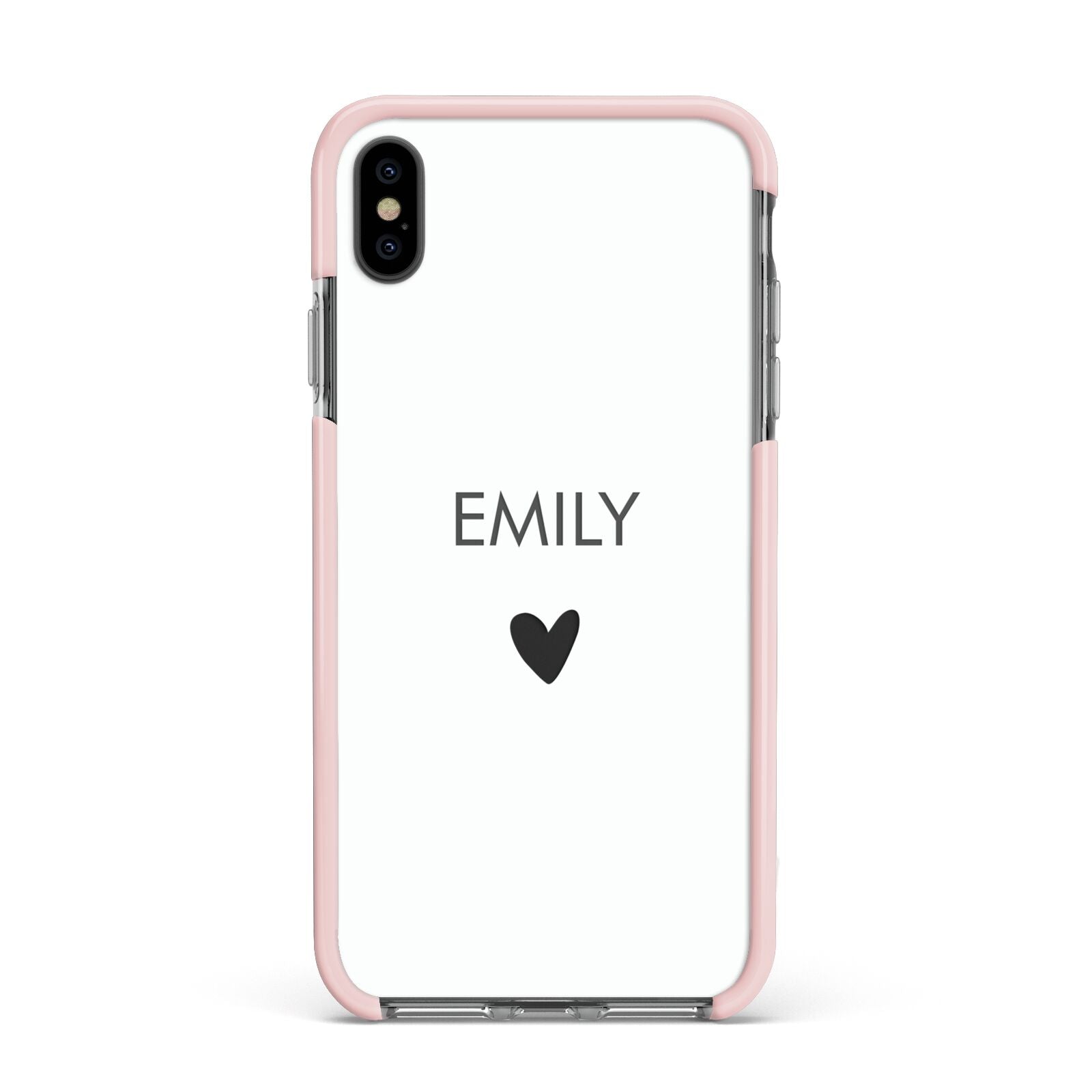 Personalised Cutout Name Heart Clear White Apple iPhone Xs Max Impact Case Pink Edge on Black Phone