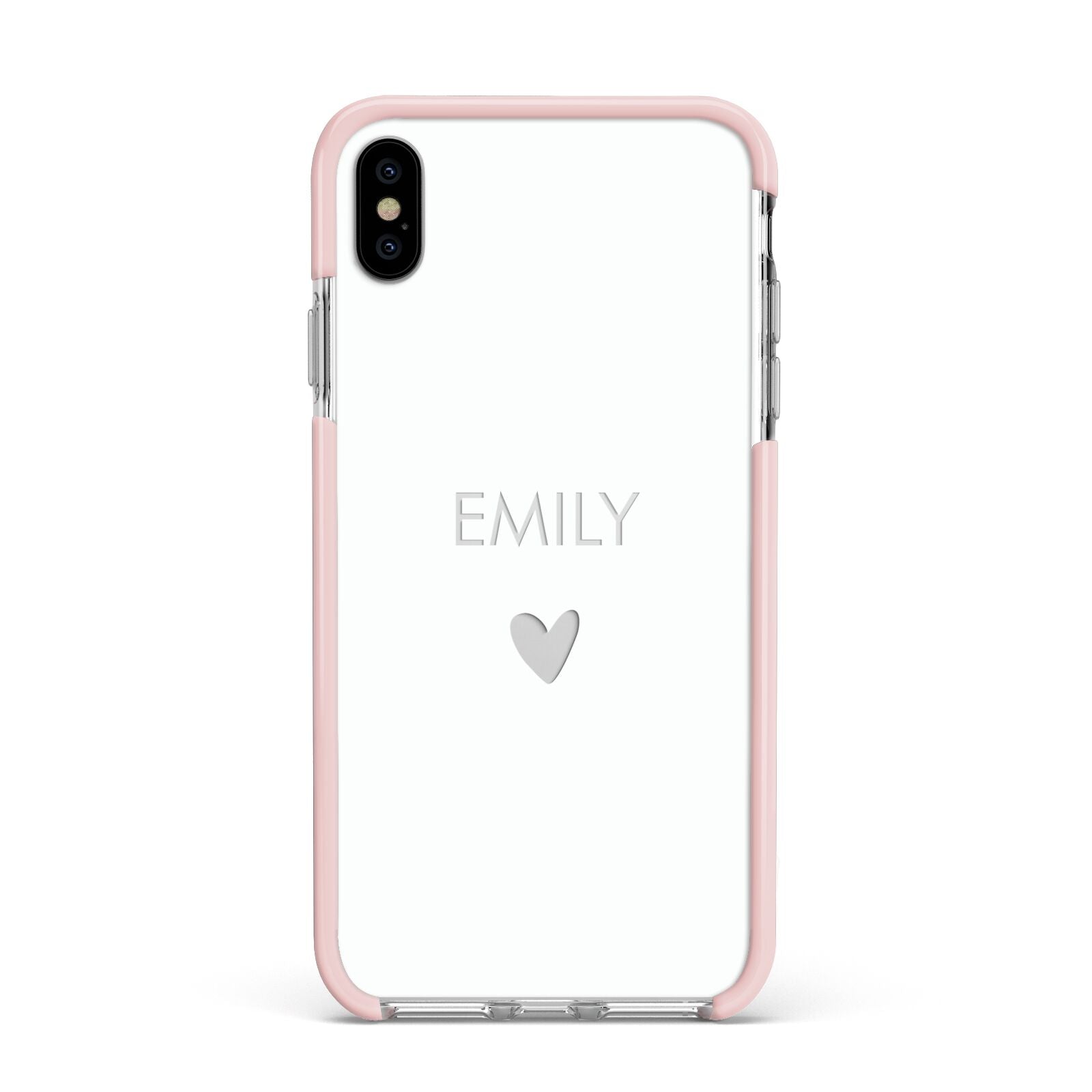 Personalised Cutout Name Heart Clear White Apple iPhone Xs Max Impact Case Pink Edge on Silver Phone