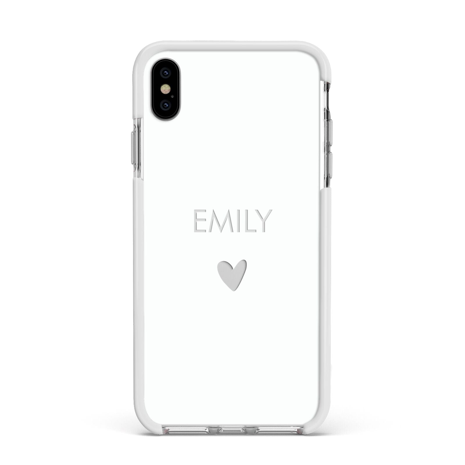 Personalised Cutout Name Heart Clear White Apple iPhone Xs Max Impact Case White Edge on Silver Phone