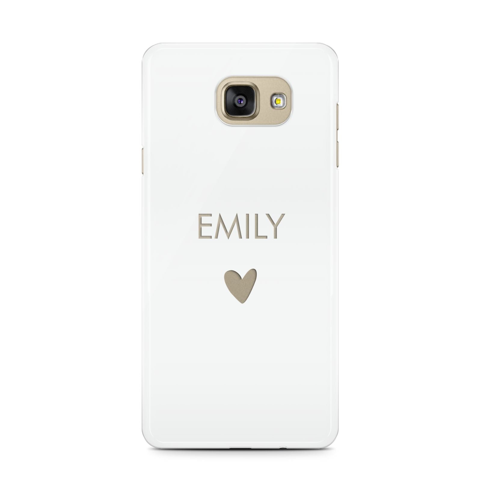 Personalised Cutout Name Heart Clear White Samsung Galaxy A7 2016 Case on gold phone